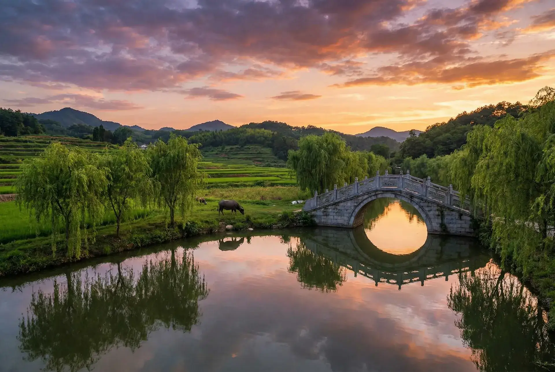 夕阳下的石拱桥与垂柳，水牛在河边吃草 - 仙踪林网站入口欢迎你 乡村美景